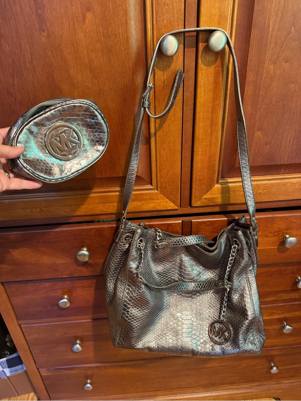 Michael Kors Iridescent Pewter Snake-Embossed Shoulder Bag with Coin Pouch